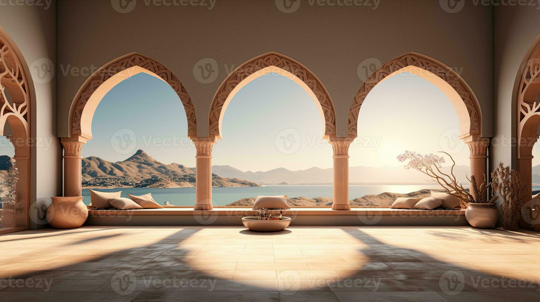 background for the Islamic holiday of Ramadan in a minimalist style, with a podium, with sunlight, in light beige delicate shades and elements of nature. ai generated photo