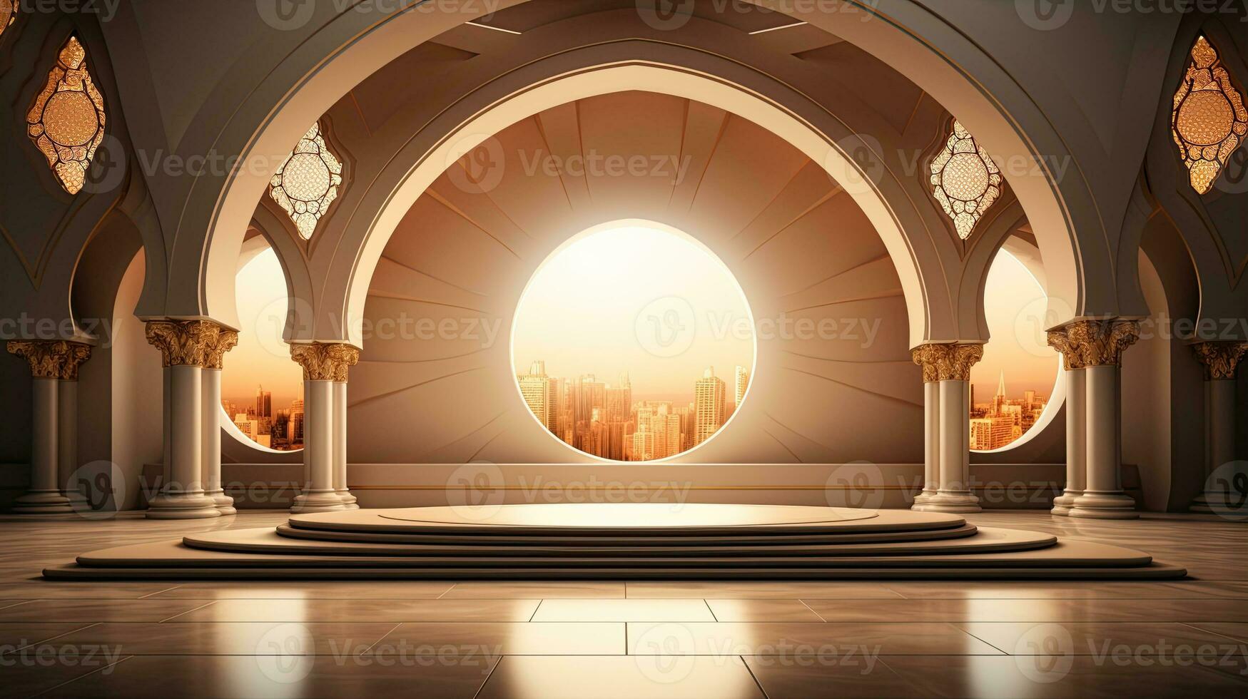 background for the Islamic holiday of Ramadan in a minimalist style, with a podium, with sunlight, in light beige delicate shades and elements of nature. ai generated photo
