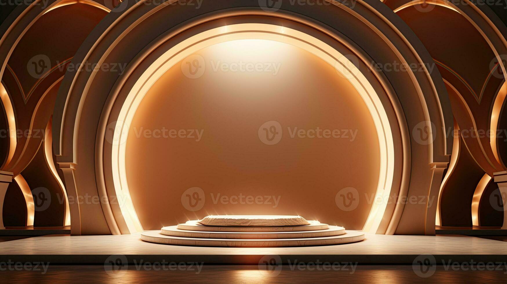 background for the Islamic holiday of Ramadan in a minimalist style, with a podium, with sunlight, in light beige delicate shades and elements of nature. ai generated photo