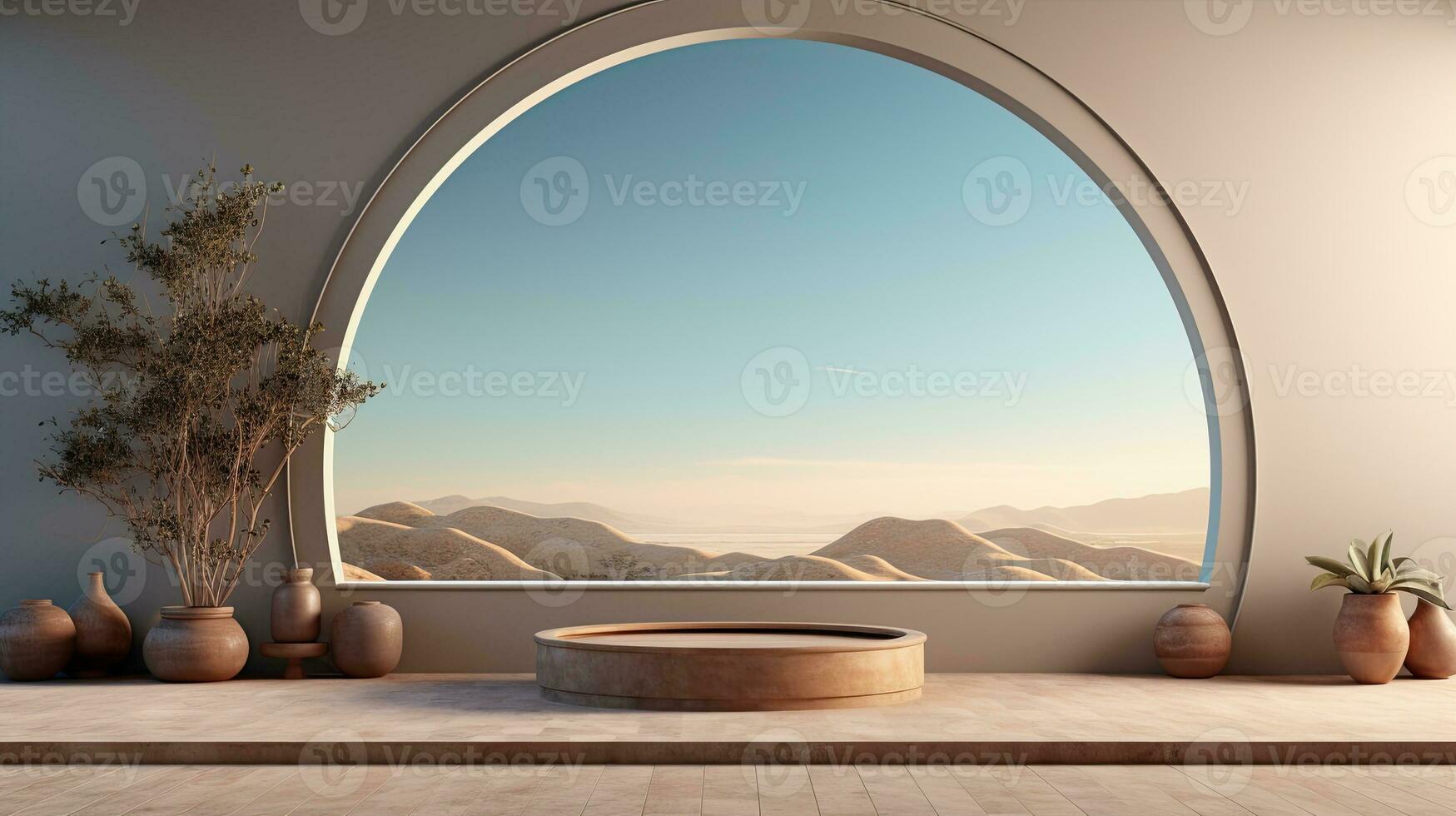 background for the Islamic holiday of Ramadan in a minimalist style, with a podium, with sunlight, in light beige delicate shades and elements of nature. ai generated photo