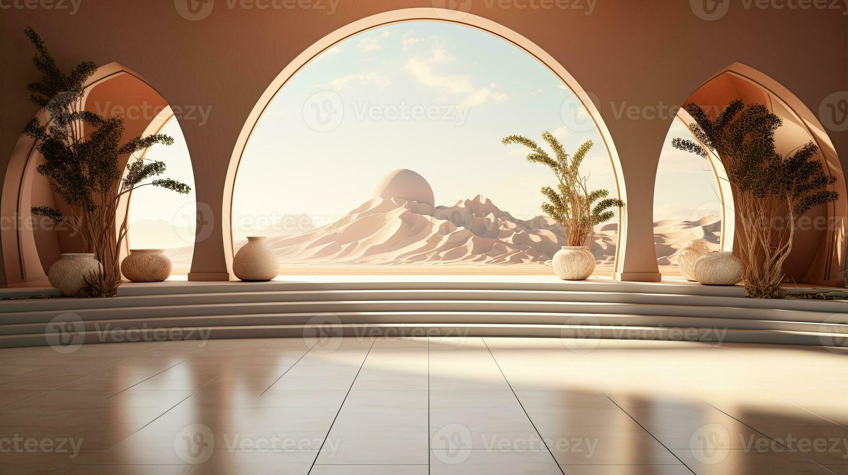 background for the Islamic holiday of Ramadan in a minimalist style, with a podium, with sunlight, in light beige delicate shades and elements of nature. ai generated photo