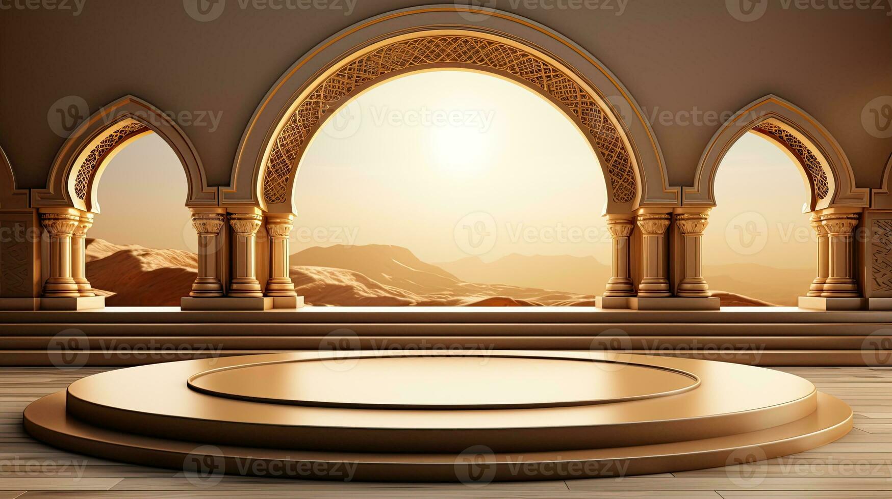 background for the Islamic holiday of Ramadan in a minimalist style, with a podium, with sunlight, in light beige delicate shades and elements of nature. ai generated photo