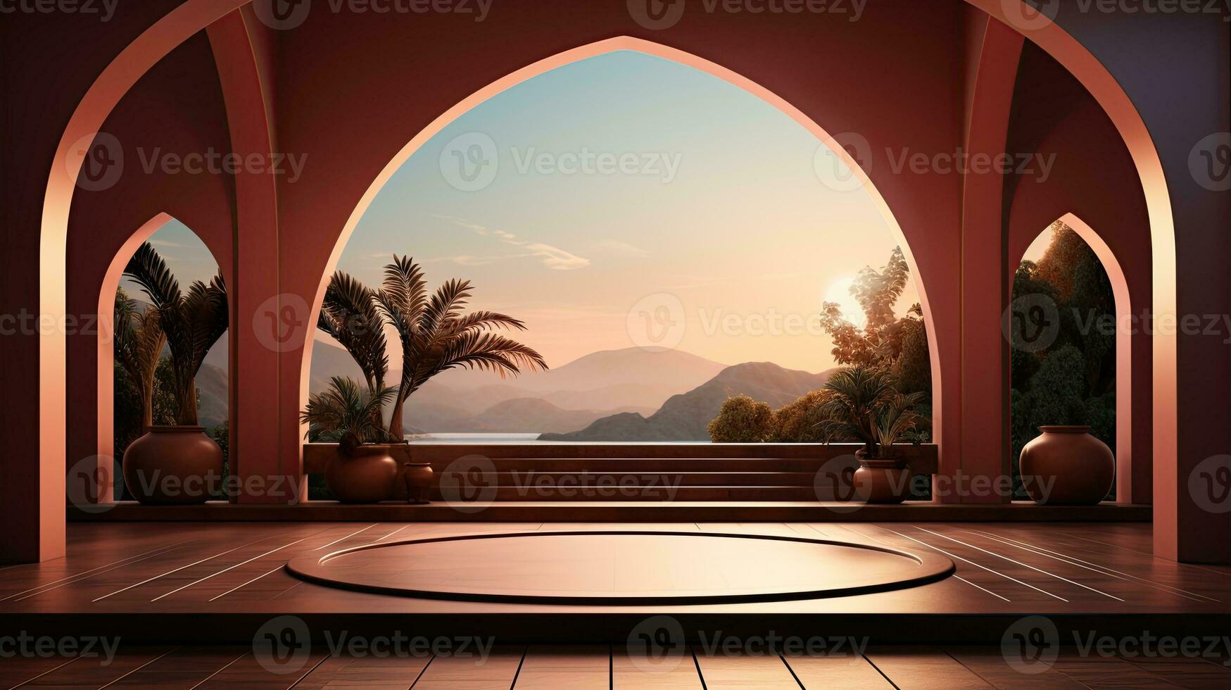 background for the Islamic holiday of Ramadan in a minimalist style, with a podium, with sunlight, in light beige delicate shades and elements of nature. ai generated photo