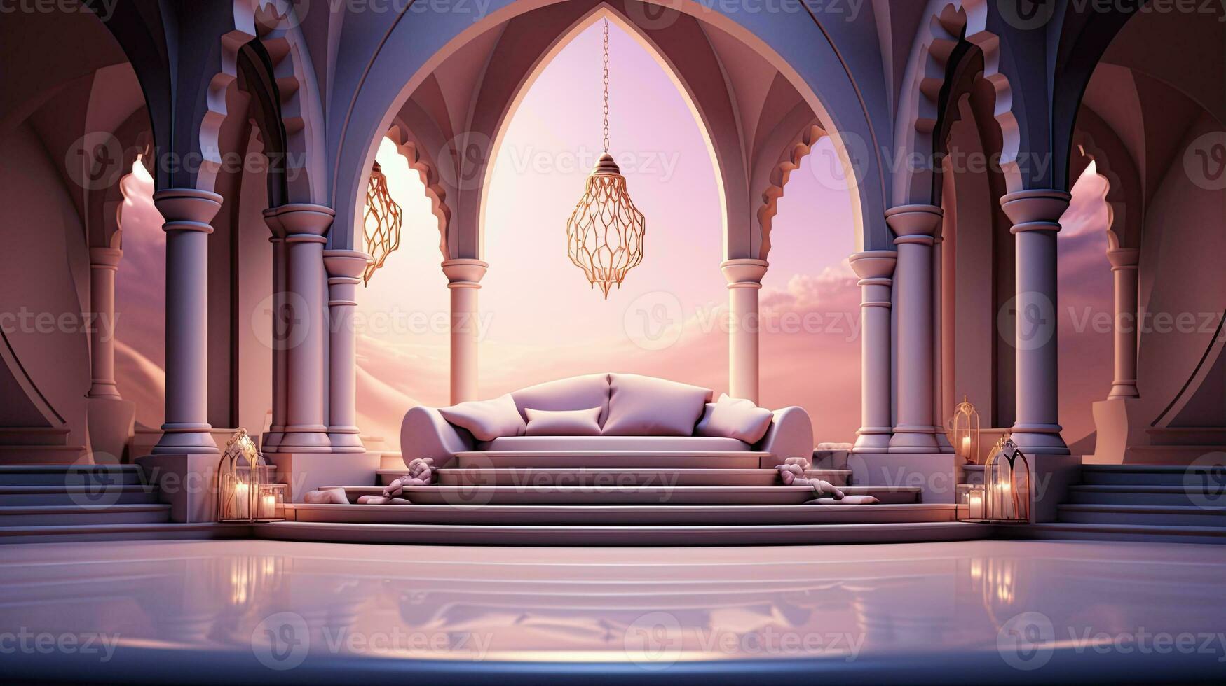 background for the Islamic holiday of Ramadan in a minimalist style, with a podium, with sunlight, in light beige delicate shades and elements of nature. ai generated photo