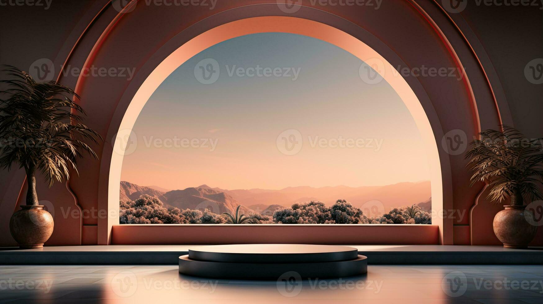 background for the Islamic holiday of Ramadan in a minimalist style, with a podium, with sunlight, in light beige delicate shades and elements of nature. ai generated photo