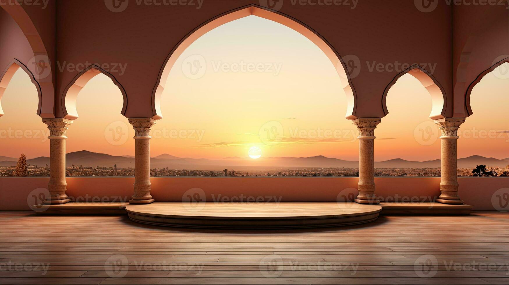 background for the Islamic holiday of Ramadan in a minimalist style, with a podium, with sunlight, in light beige delicate shades and elements of nature. ai generated photo