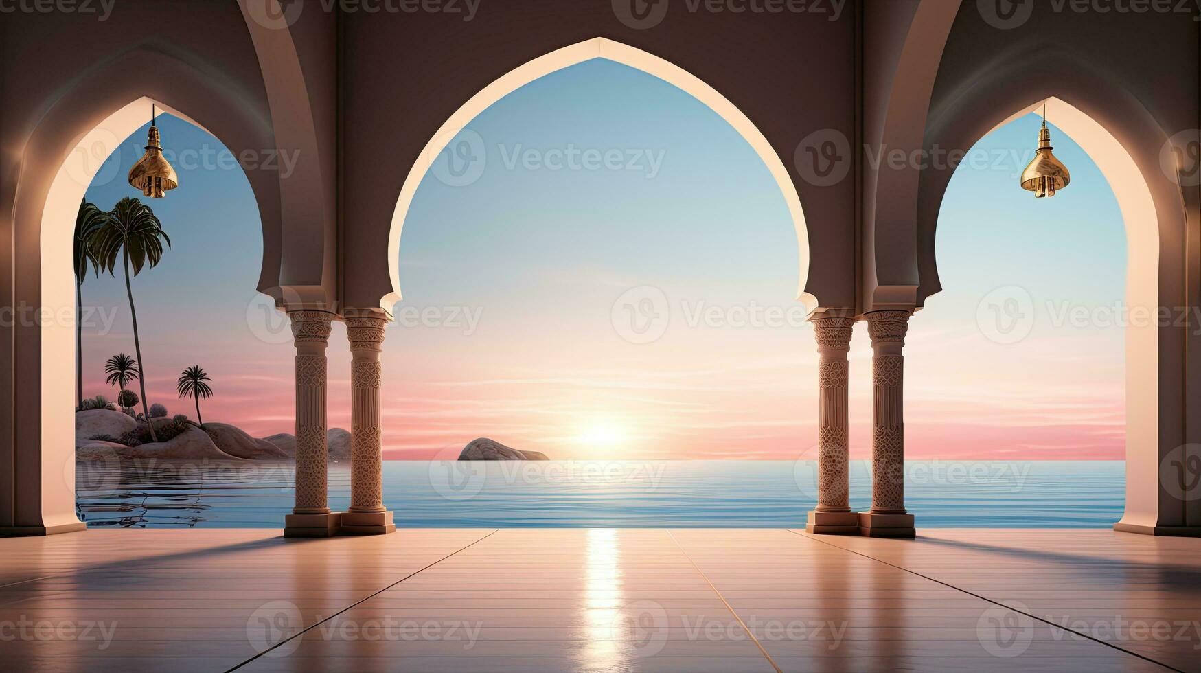 background for the Islamic holiday of Ramadan in a minimalist style, with a podium, with sunlight, in light beige delicate shades and elements of nature. ai generated photo