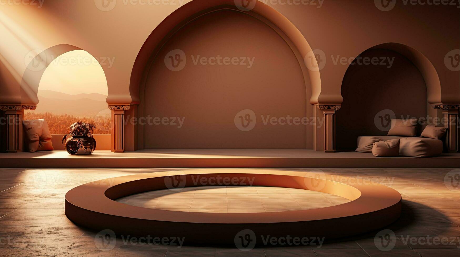 background for the Islamic holiday of Ramadan in a minimalist style, with a podium, with sunlight, in light beige delicate shades and elements of nature. ai generated photo