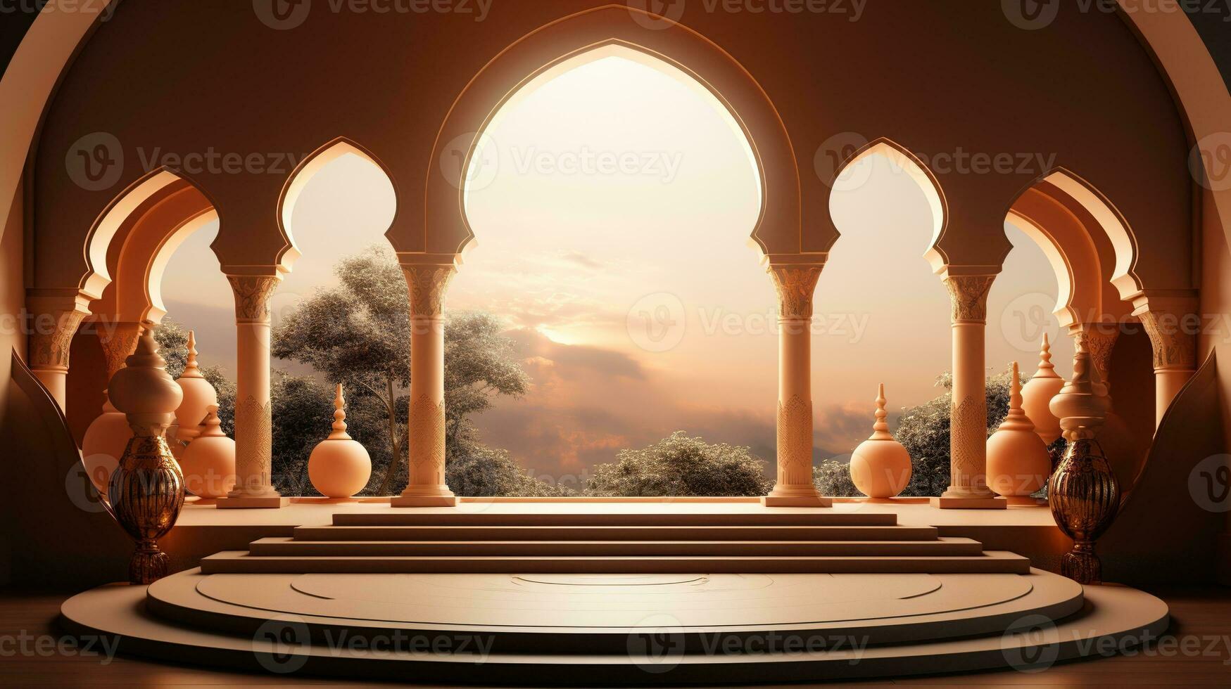 background for the Islamic holiday of Ramadan in a minimalist style, with a podium, with sunlight, in light beige delicate shades and elements of nature. ai generated photo