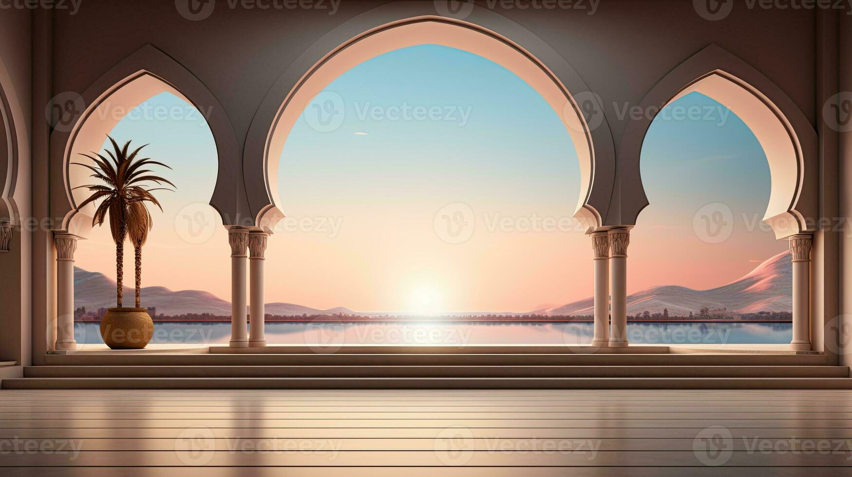 background for the Islamic holiday of Ramadan in a minimalist style, with a podium, with sunlight, in light beige delicate shades and elements of nature. ai generated photo