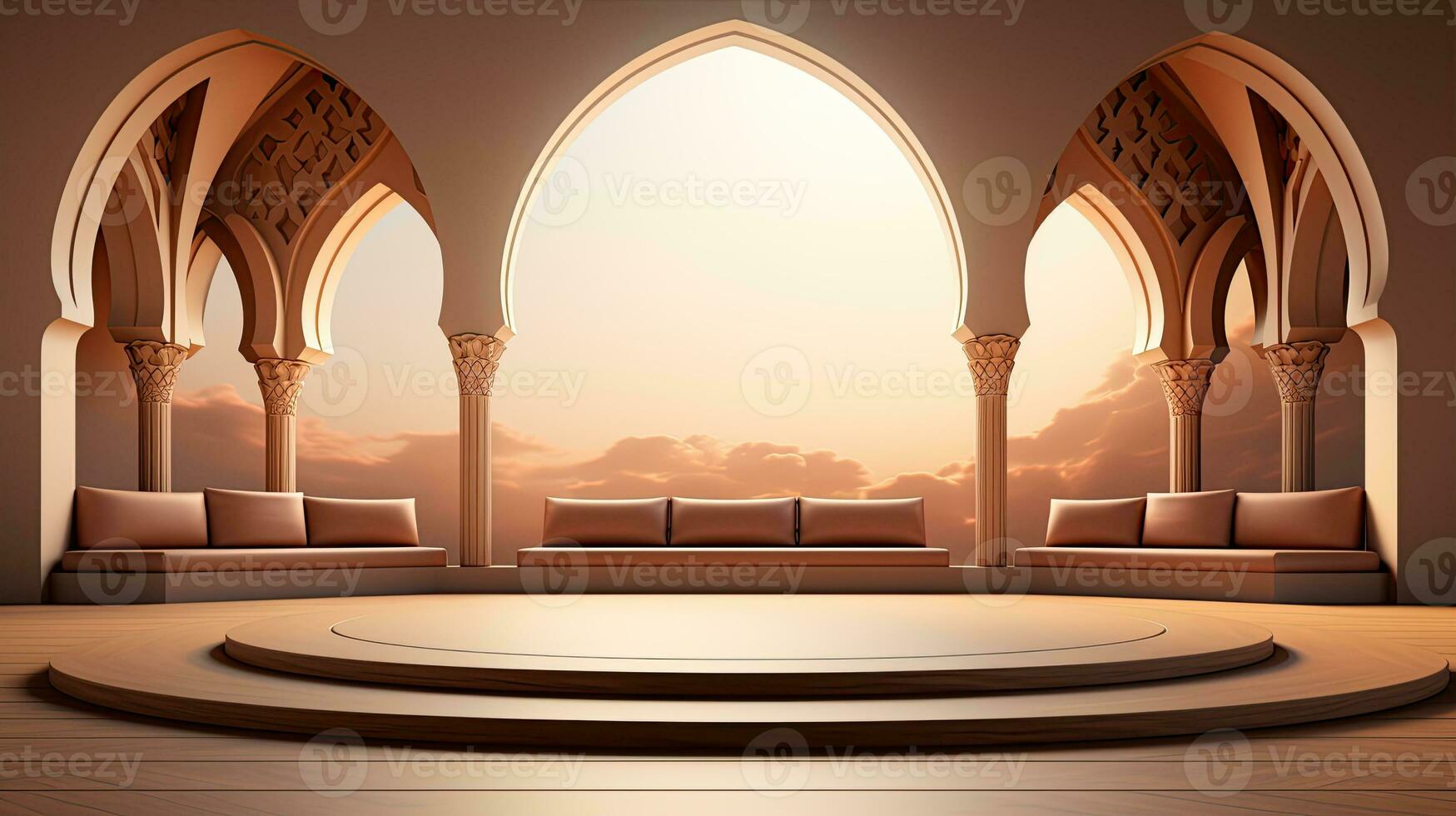 background for the Islamic holiday of Ramadan in a minimalist style, with a podium, with sunlight, in light beige delicate shades and elements of nature. ai generated photo