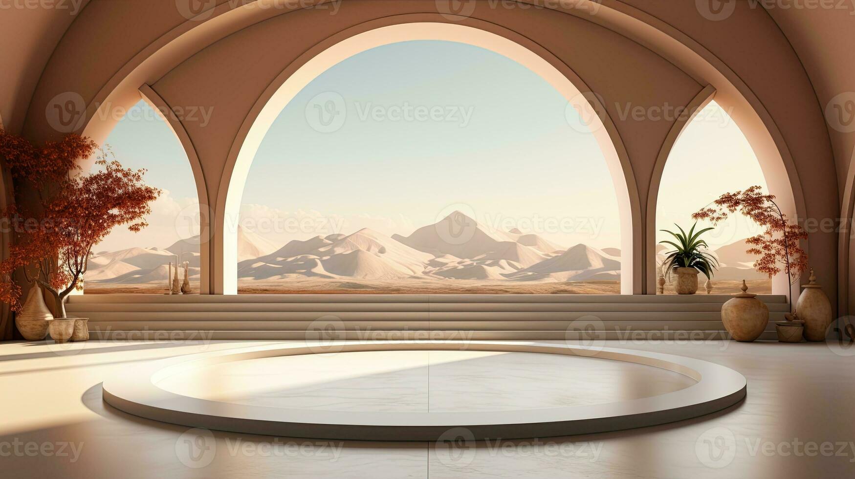 background for the Islamic holiday of Ramadan in a minimalist style, with a podium, with sunlight, in light beige delicate shades and elements of nature. ai generated photo