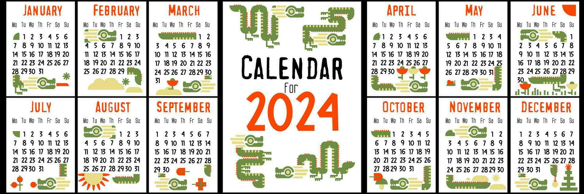 Dragon calendar for 2024. Isolated on a white background. Cover and pages for 12 months with seasonal flat vector cute illustrations in green and orange colors. Bright geometric cute dragons