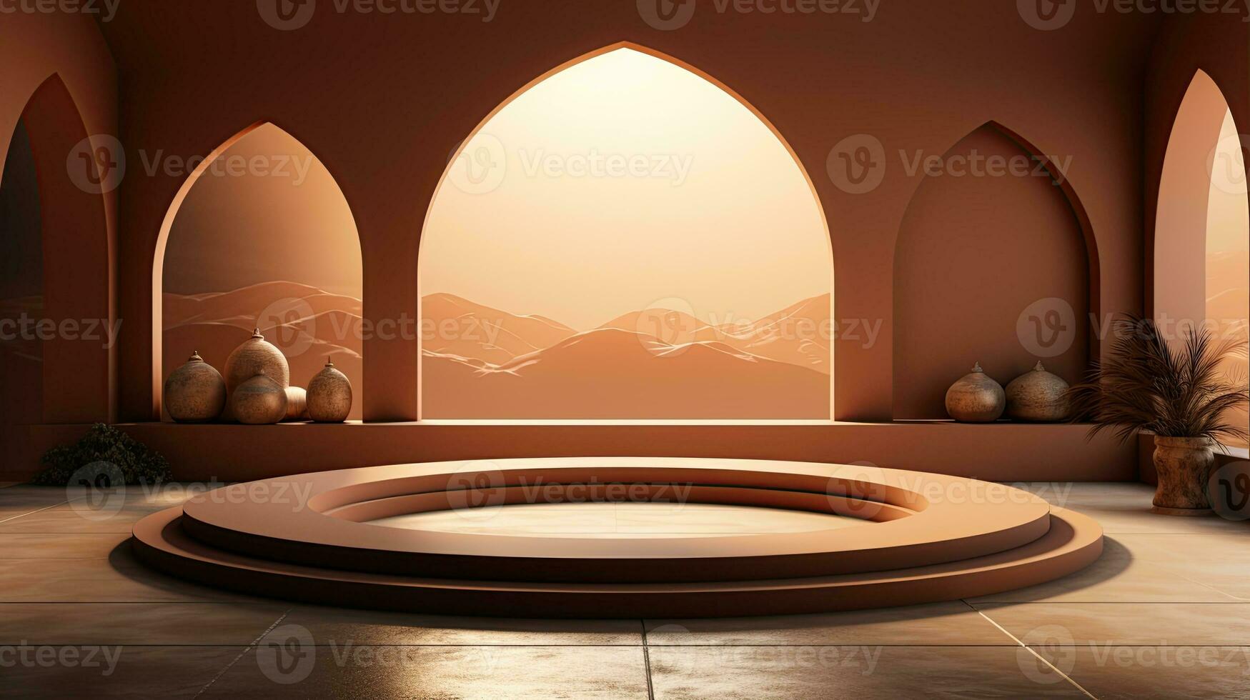 background for the Islamic holiday of Ramadan in a minimalist style, with a podium, with sunlight, in light beige gold delicate shades and elements of nature. ai generated photo