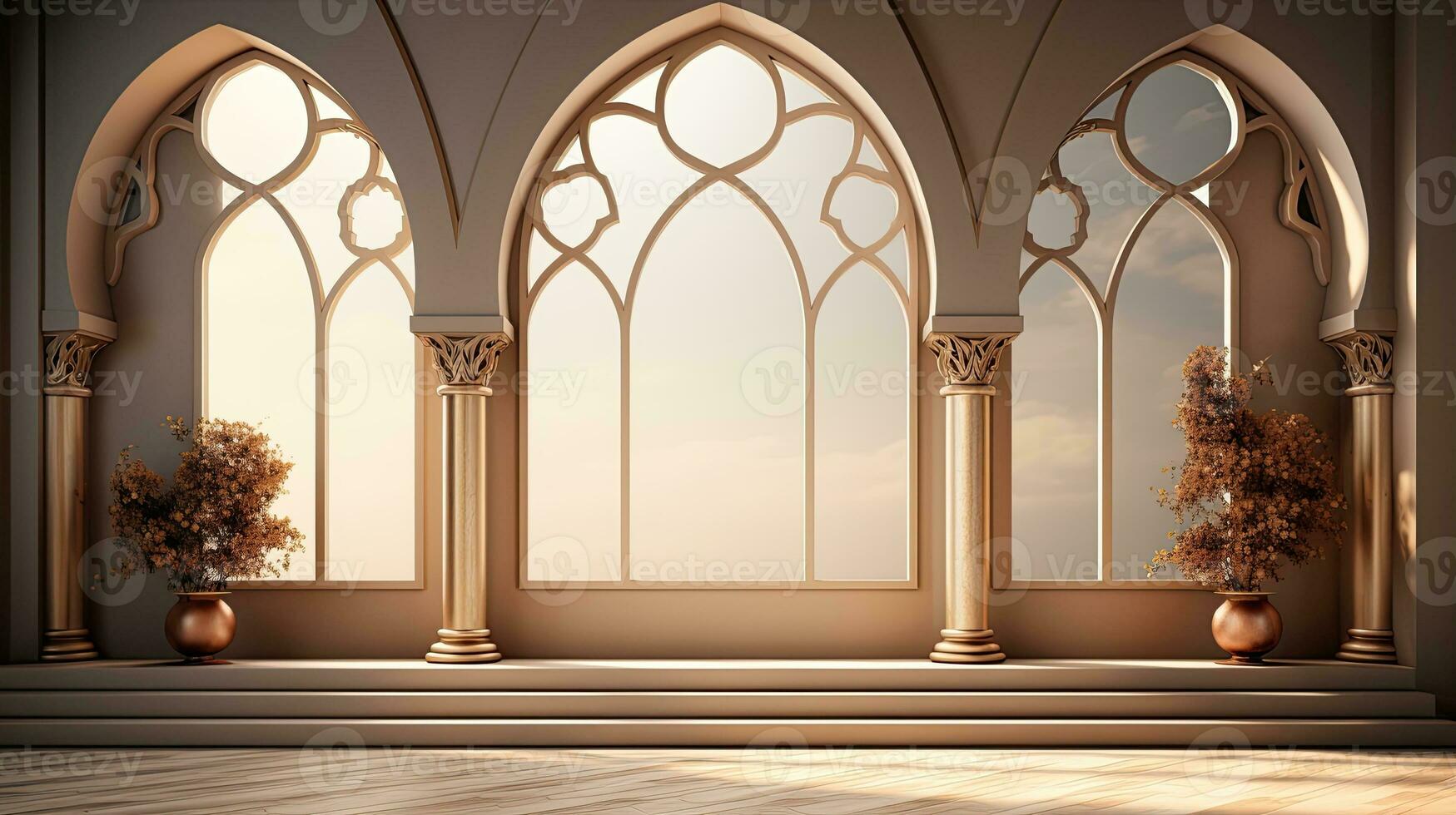 background for the Islamic holiday of Ramadan in a minimalist style, with a podium, with sunlight, in light beige gold delicate shades and elements of nature. ai generated photo