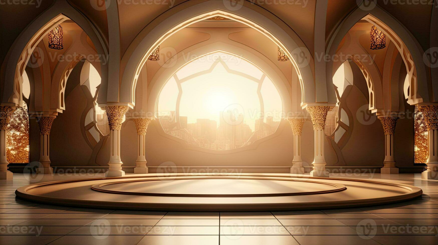 background for the Islamic holiday of Ramadan in a minimalist style, with a podium, with sunlight, in light beige gold delicate shades and elements of nature. ai generated photo