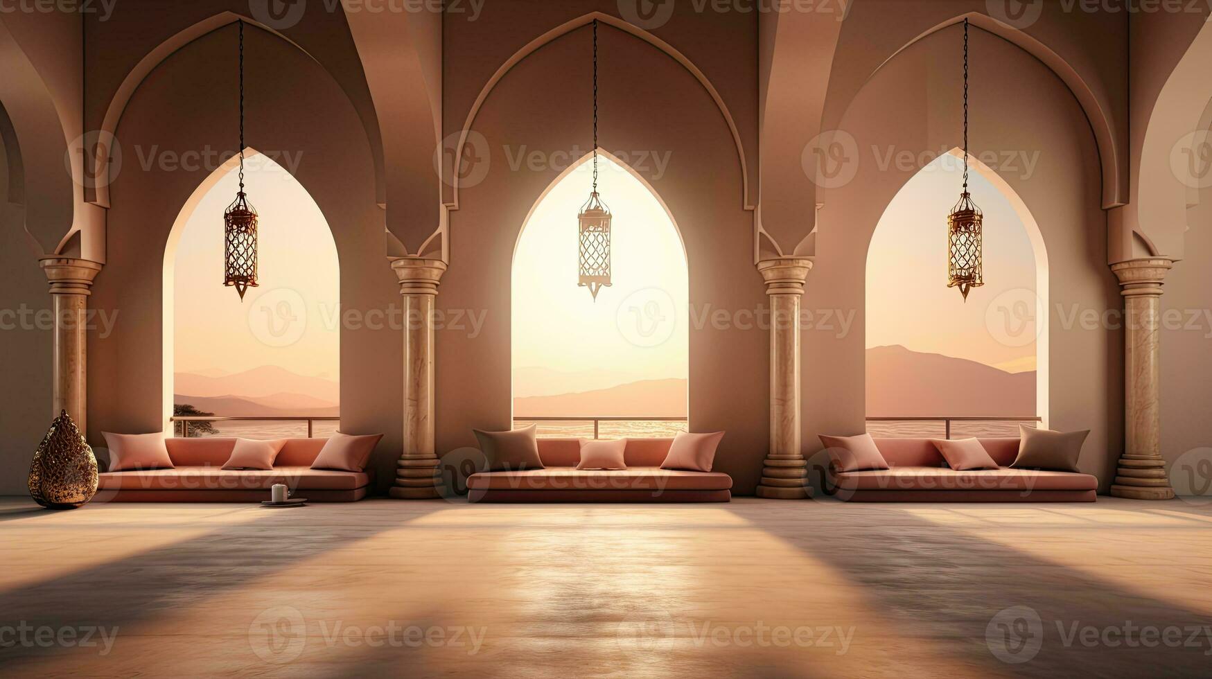 background for the Islamic holiday of Ramadan in a minimalist style, with a podium, with sunlight, in light beige gold delicate shades and elements of nature. ai generated photo