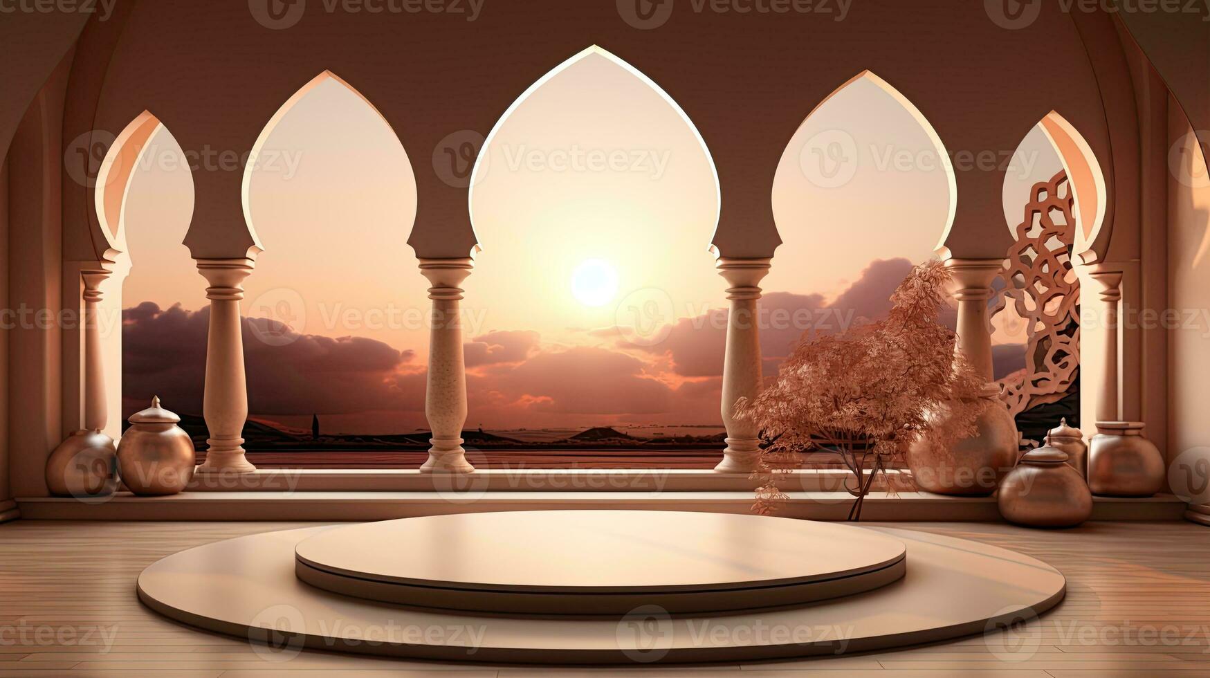 background for the Islamic holiday of Ramadan in a minimalist style, with a podium, with sunlight, in light beige gold delicate shades and elements of nature. ai generated photo