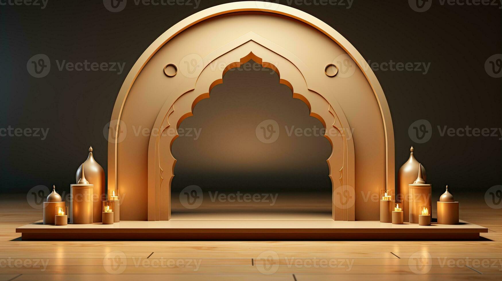 background for the Islamic holiday of Ramadan in a minimalist style, with a podium, with sunlight, in light beige gold delicate shades and elements of nature. ai generated photo