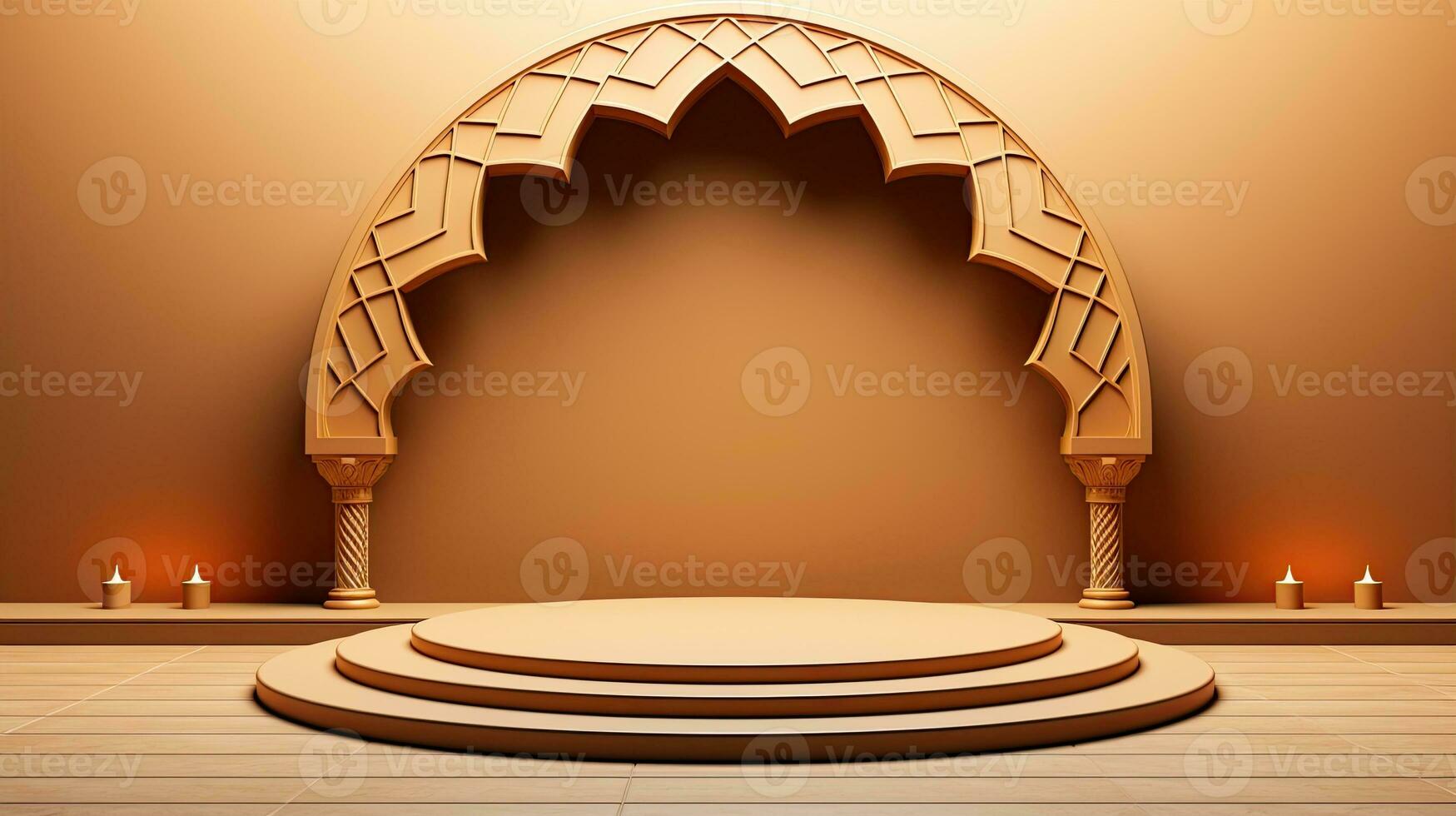 background for the Islamic holiday of Ramadan in a minimalist style, with a podium, with sunlight, in light beige gold delicate shades and elements of nature. ai generated photo