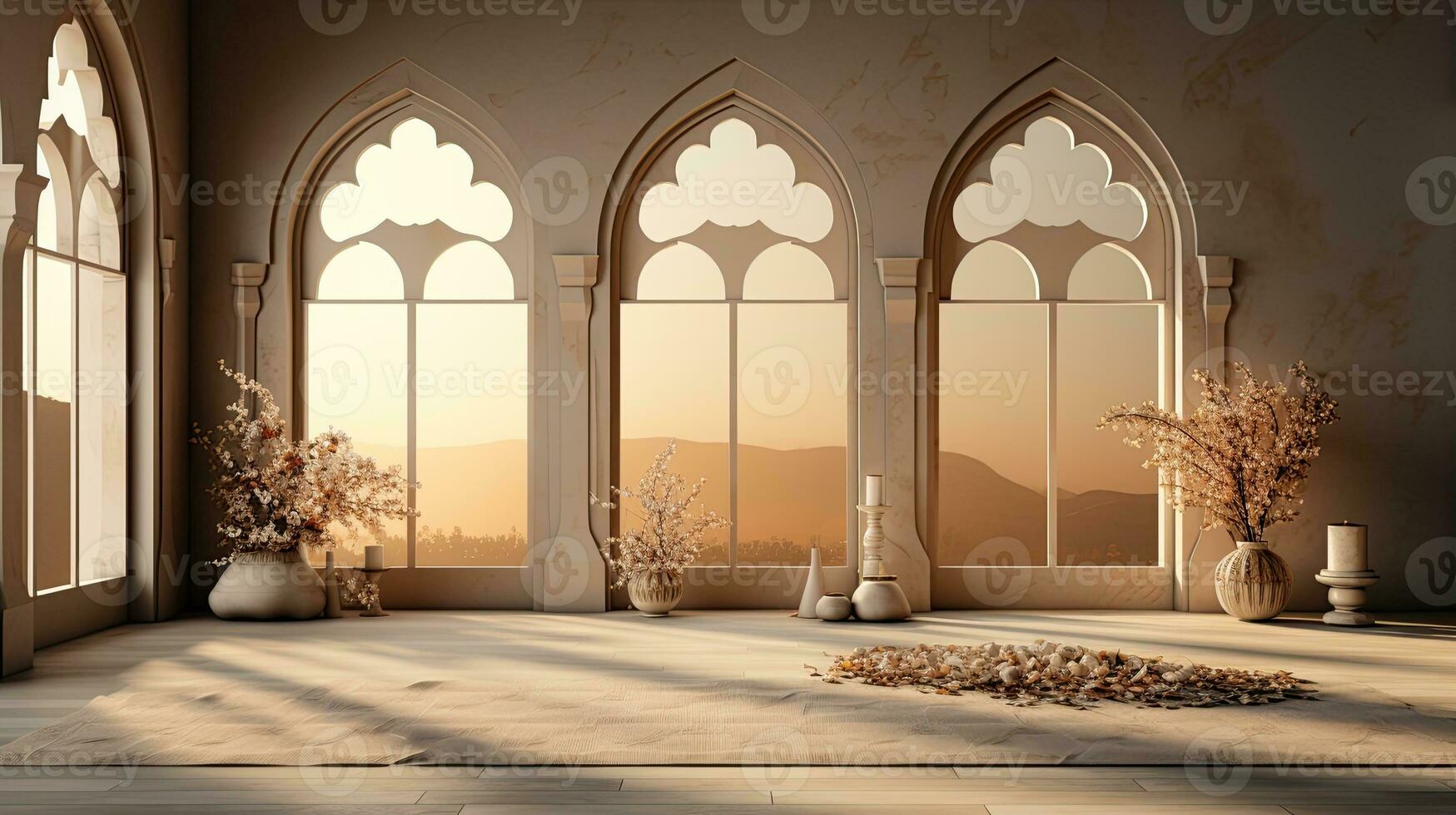 background for the Islamic holiday of Ramadan in a minimalist style, with a podium, with sunlight, in light beige gold delicate shades and elements of nature. ai generated photo