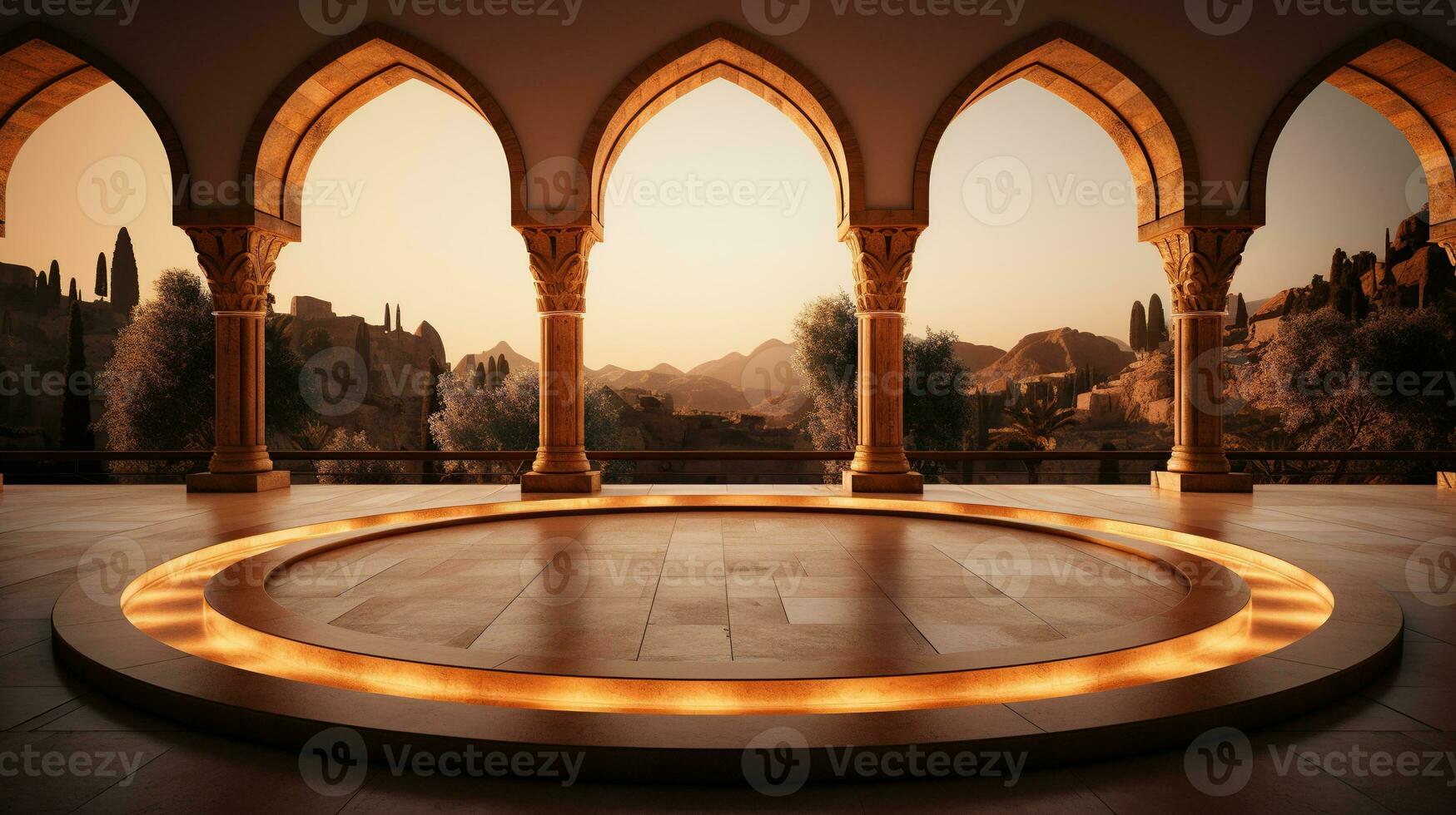 background for the Islamic holiday of Ramadan in a minimalist style, with a podium, with sunlight, in light beige gold delicate shades and elements of nature. ai generated photo