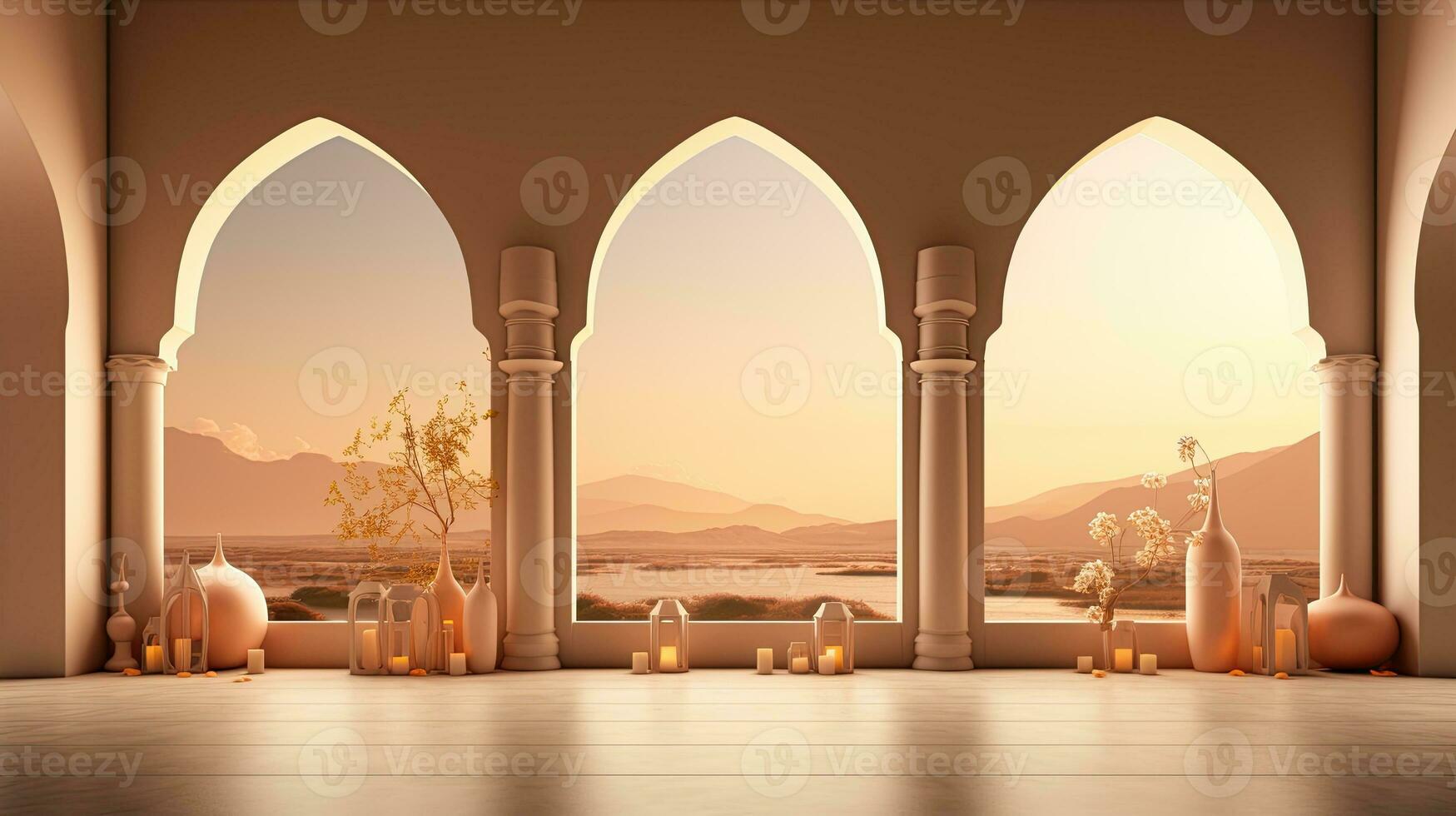 background for the Islamic holiday of Ramadan in a minimalist style, with a podium, with sunlight, in light beige gold delicate shades and elements of nature. ai generated photo