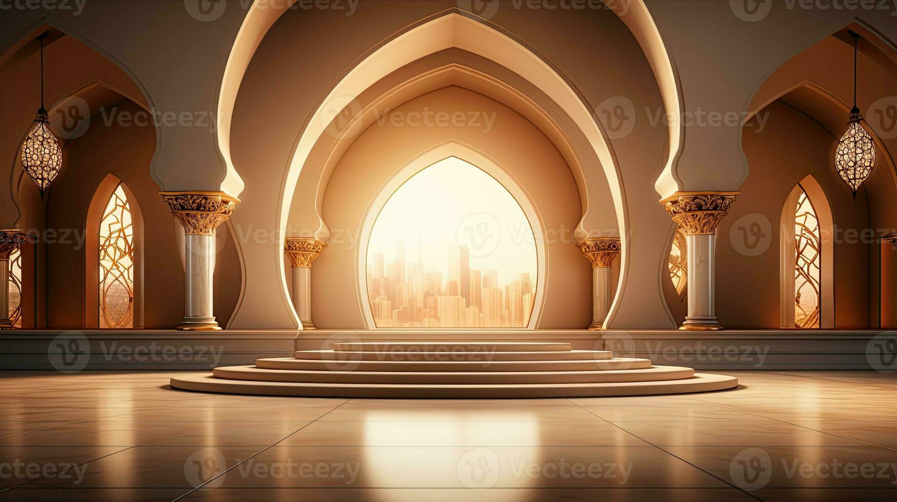 background for the Islamic holiday of Ramadan in a minimalist style, with a podium, with sunlight, in light beige gold delicate shades and elements of nature. ai generated photo