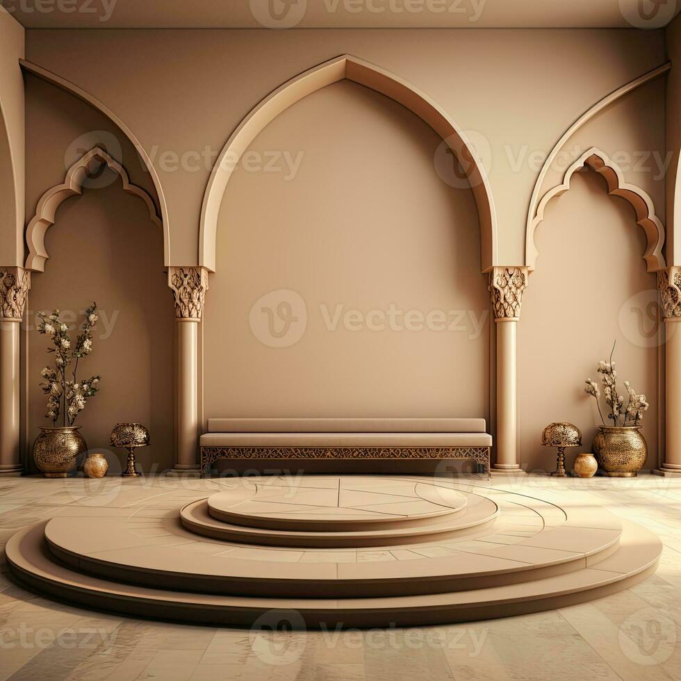 background for the Islamic holiday of Ramadan in a minimalist style, with a podium, with sunlight, in light beige gold delicate shades and elements of nature. ai generated photo