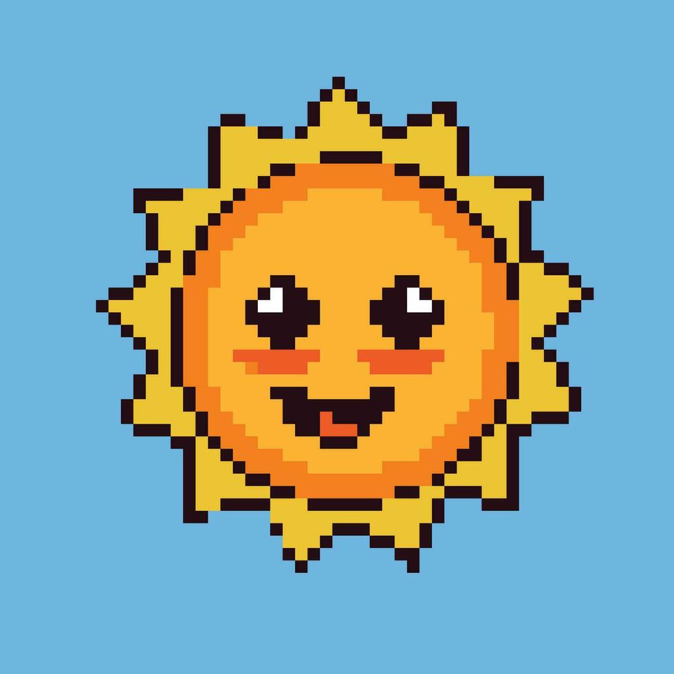Smiling sun emoticon pixel art vector