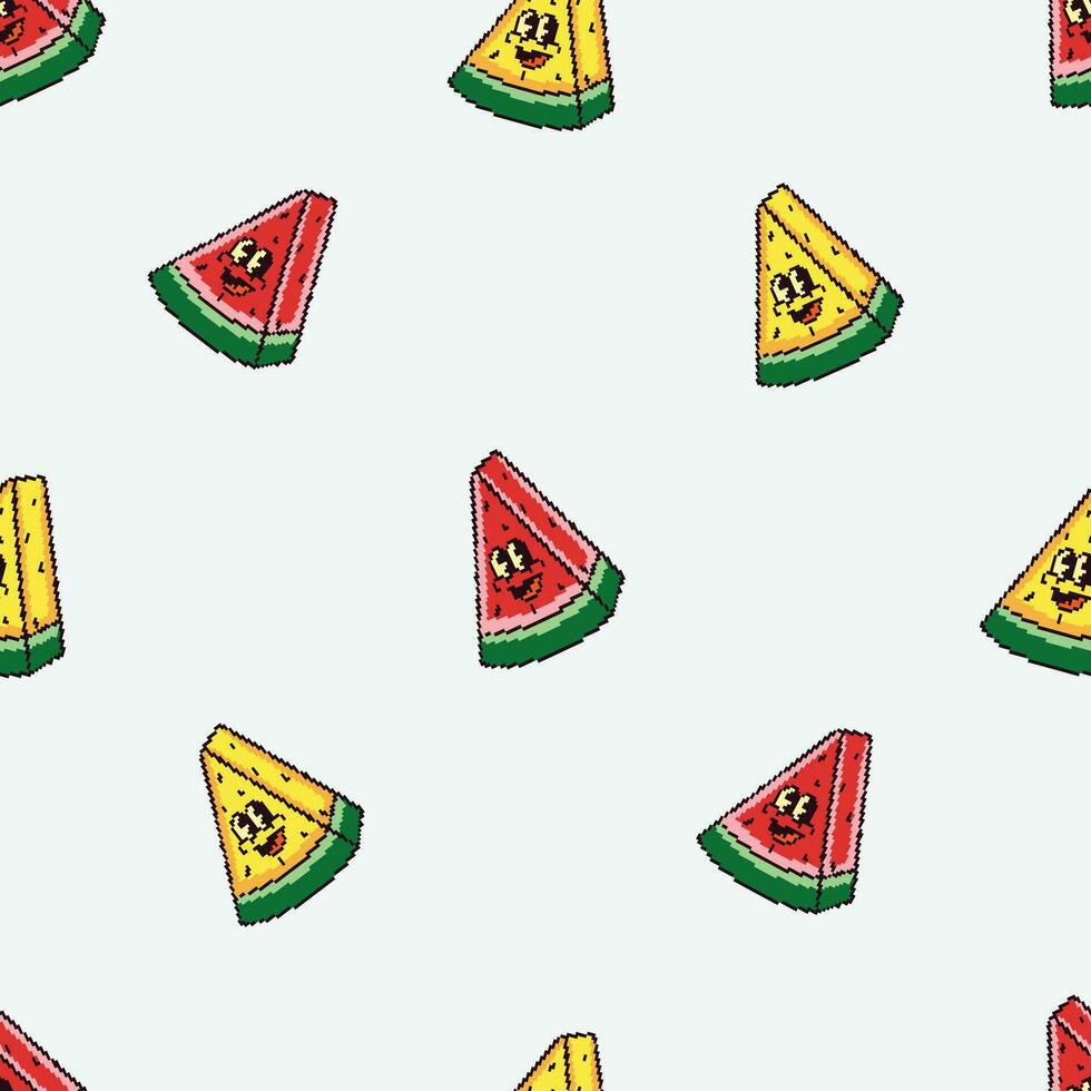 pixel art watermelon cartoon seamless pattern vector