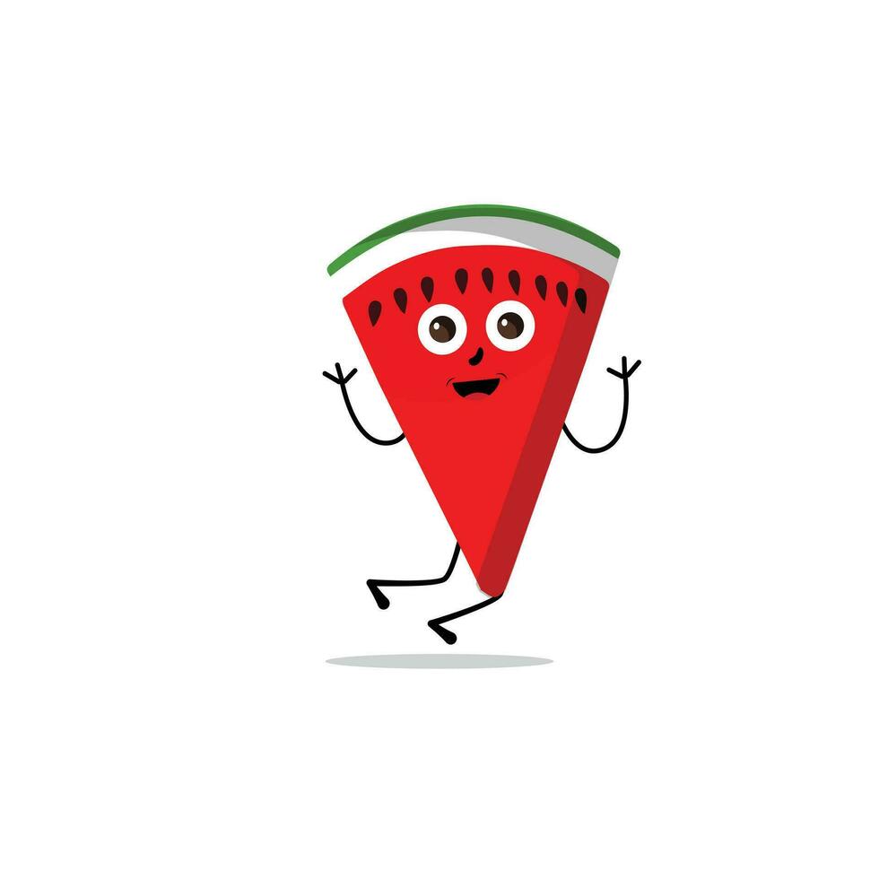 Watermelon slice character with funny face. Happy cute cartoon watermelon emoji set. Healthy vegetarian food character vector illustration