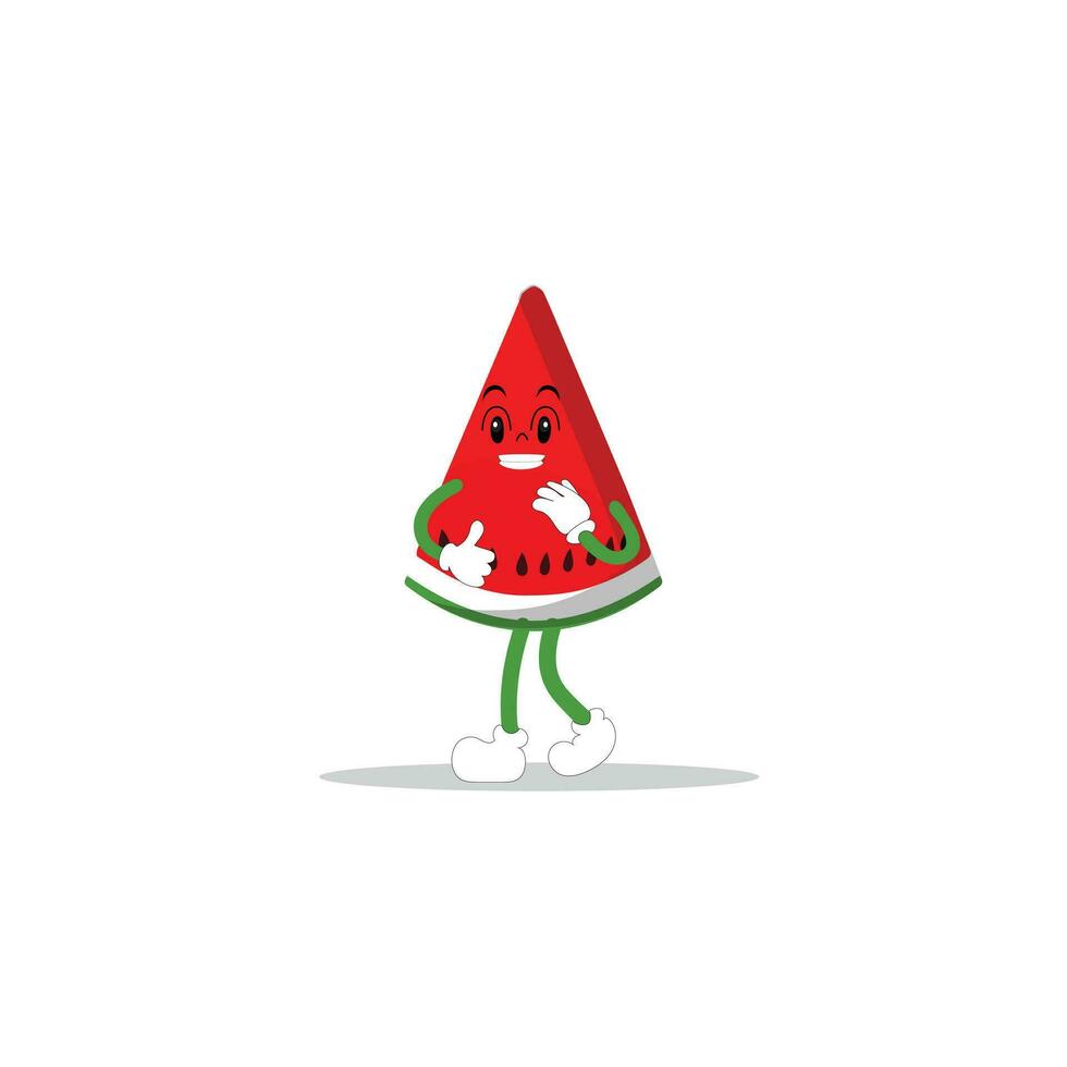 Watermelon slice character with funny face. Happy cute cartoon watermelon emoji set. Healthy vegetarian food character vector illustration