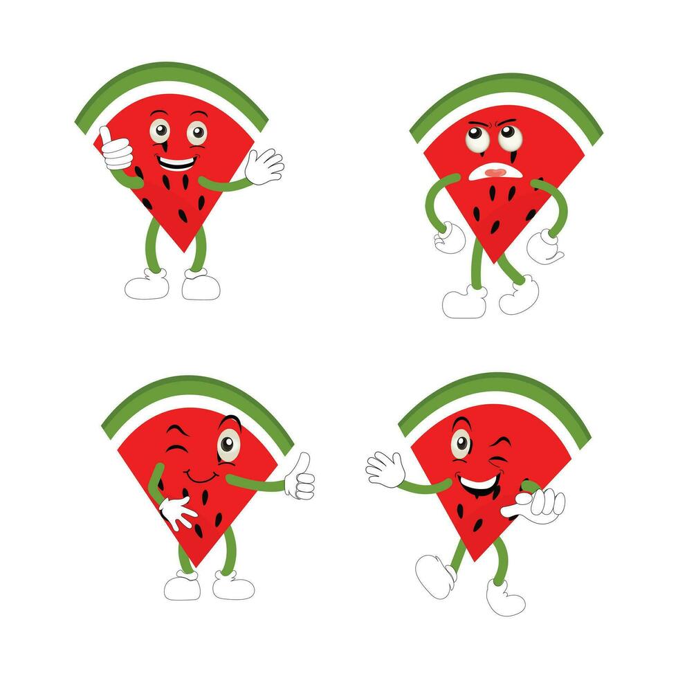 Watermelon cartoon, fresh fruit vector illustration, with different faces and expressions. Comic watermelons vector