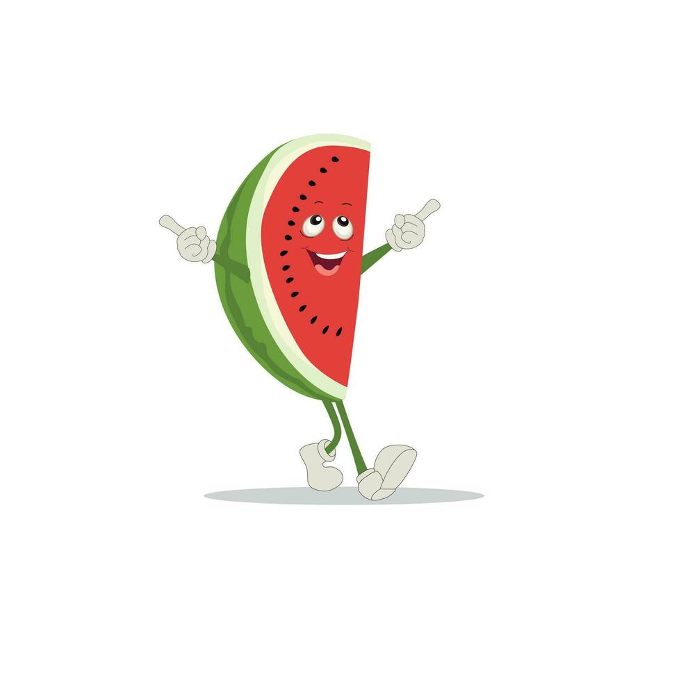 Watermelon slice character with funny face. Happy cute cartoon watermelon emoji set. Healthy vegetarian food character vector illustration