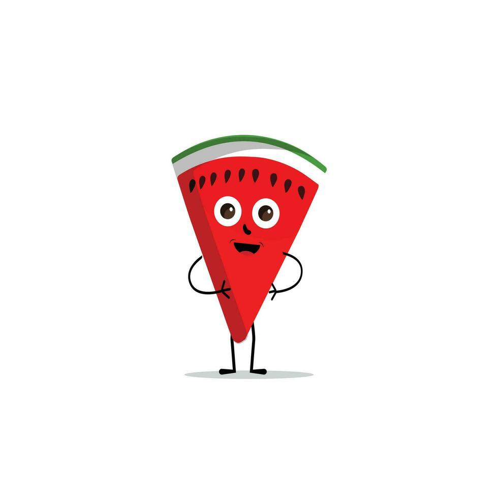 Watermelon slice character with funny face. Happy cute cartoon watermelon emoji set. Healthy vegetarian food character vector illustration