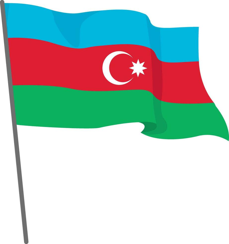 Flag Azerbaijan is flying. Official flag Azerbaijan flies of flagpole. Independence Day. Banner, flyer, poster template. National flag Azerbaijan with coat of arms. Wavy flag Azerbaijan. vector