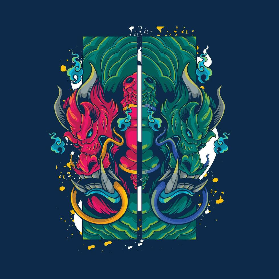 twin dragon door decoration artwork illustration vector