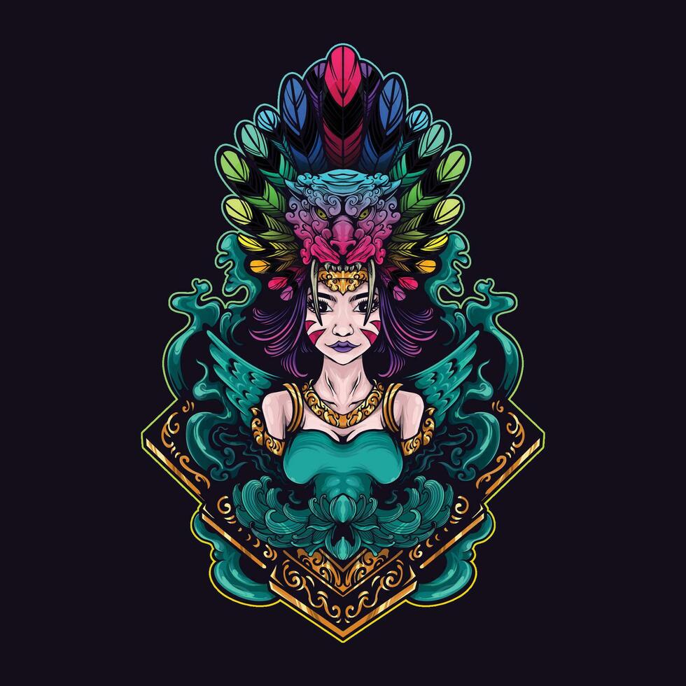 decorative female tribe with tiger crown and wings vector