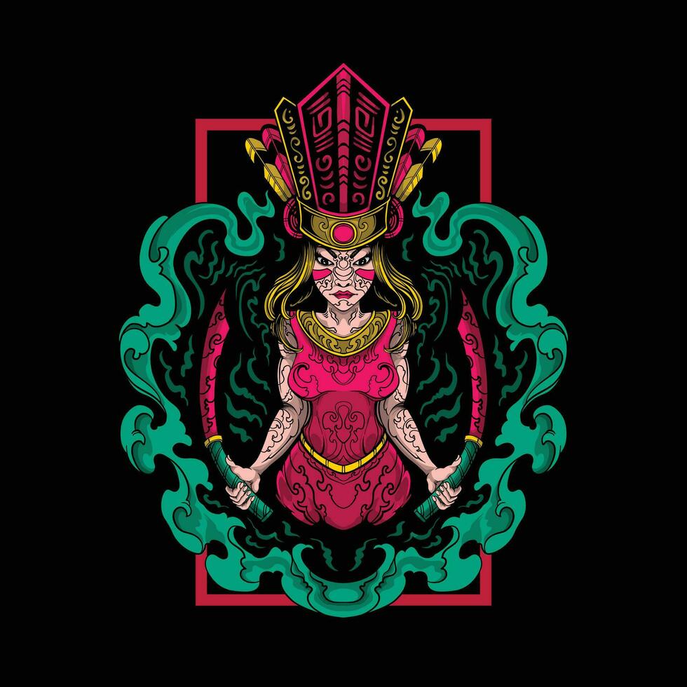 mujer tribu con corona y dos espada obra de arte ilustración vector
