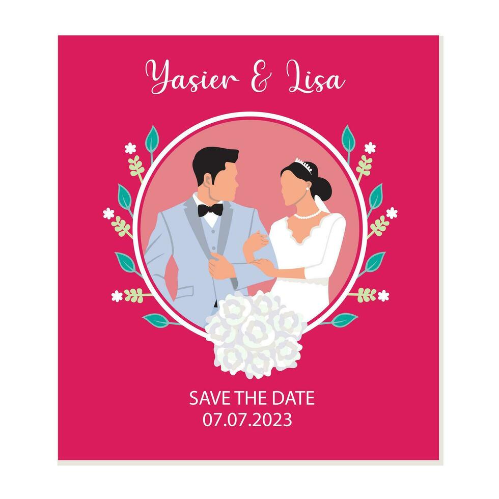 Boda invitación tarjeta con novia y novio. vector ilustración.