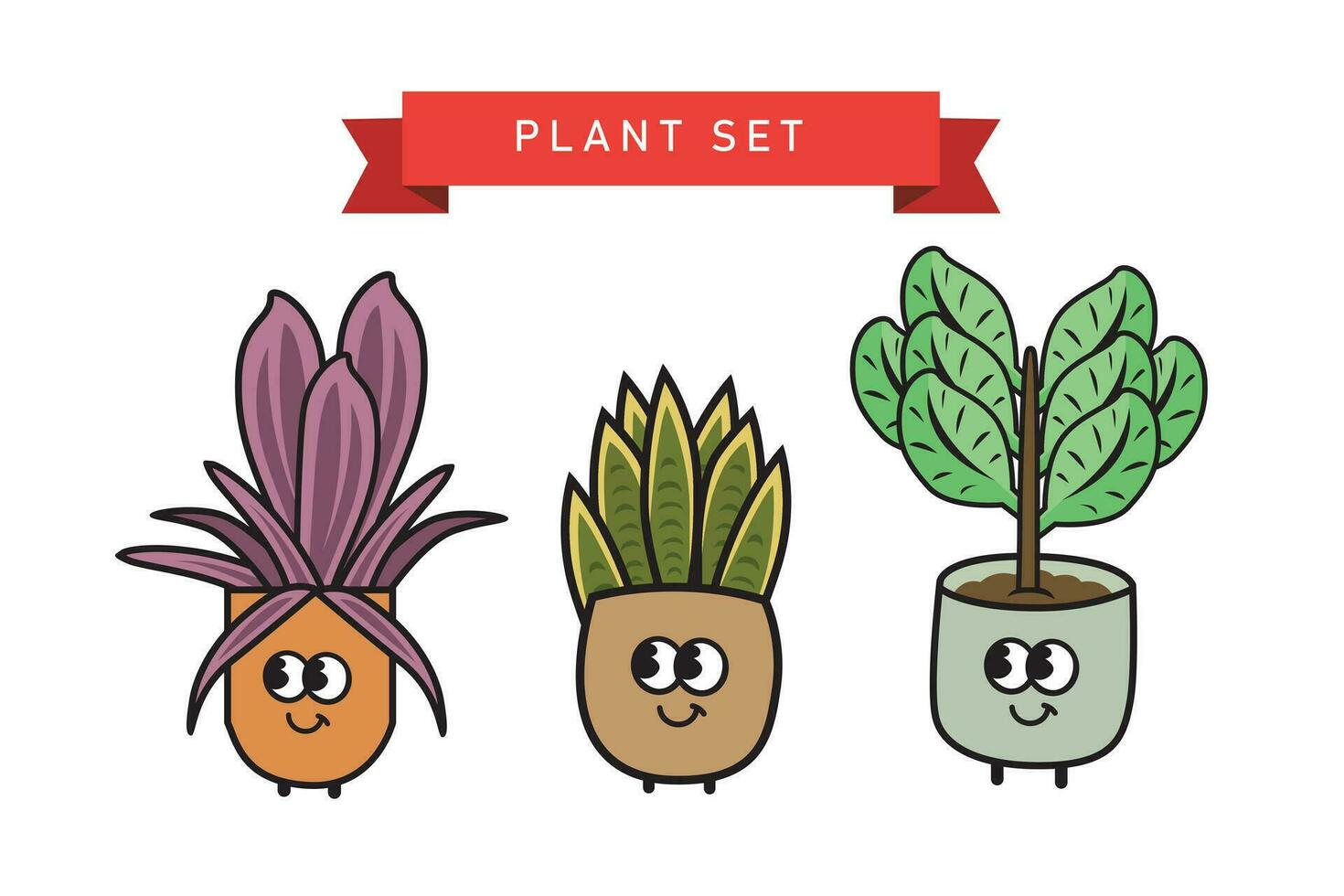 Set of cute cartoon potted plants. Hand drawn vector illustration.