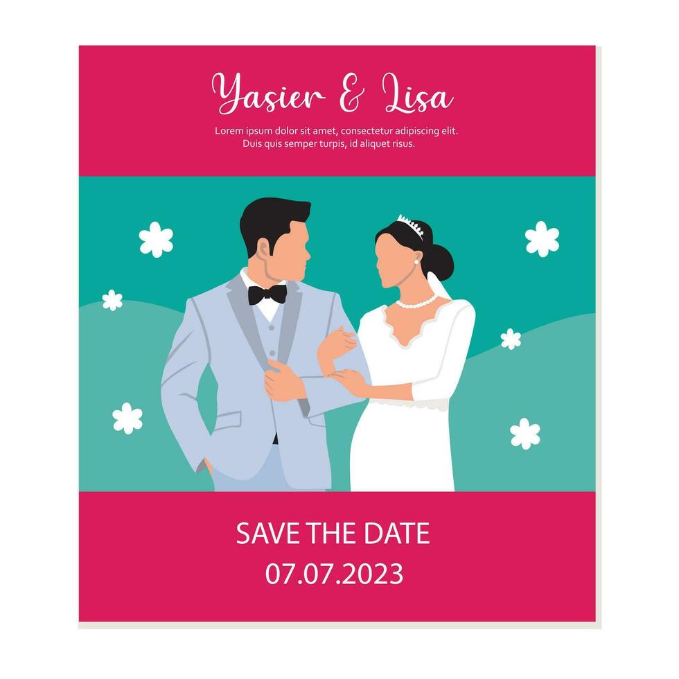 Boda invitación tarjeta con novia y novio. vector ilustración.