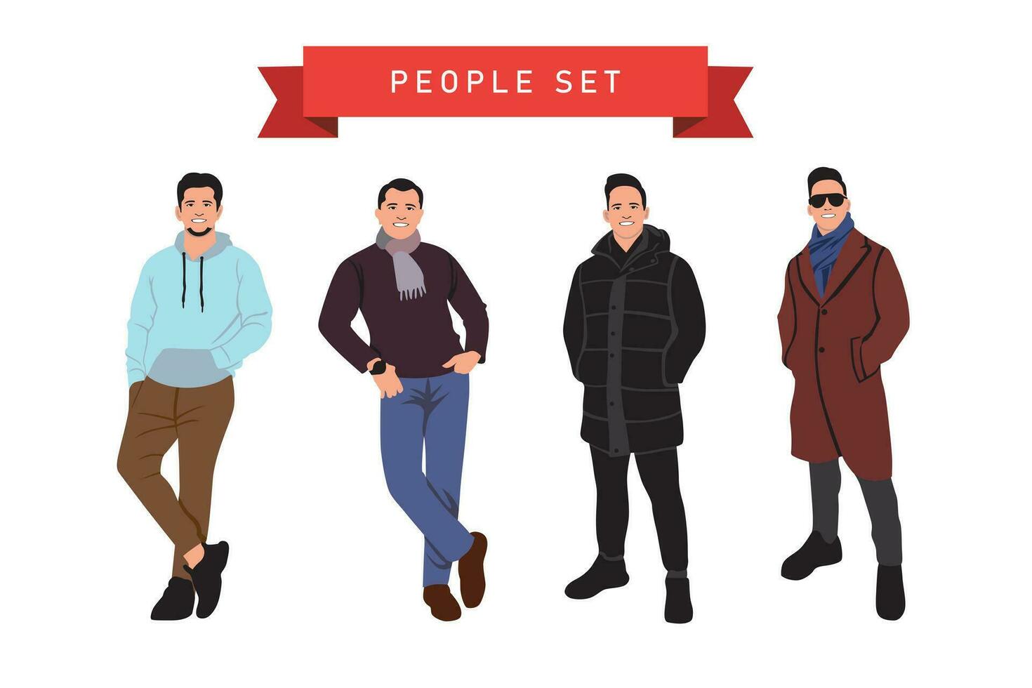 Set of fashion men in winter clothes. Vector illustration in flat style