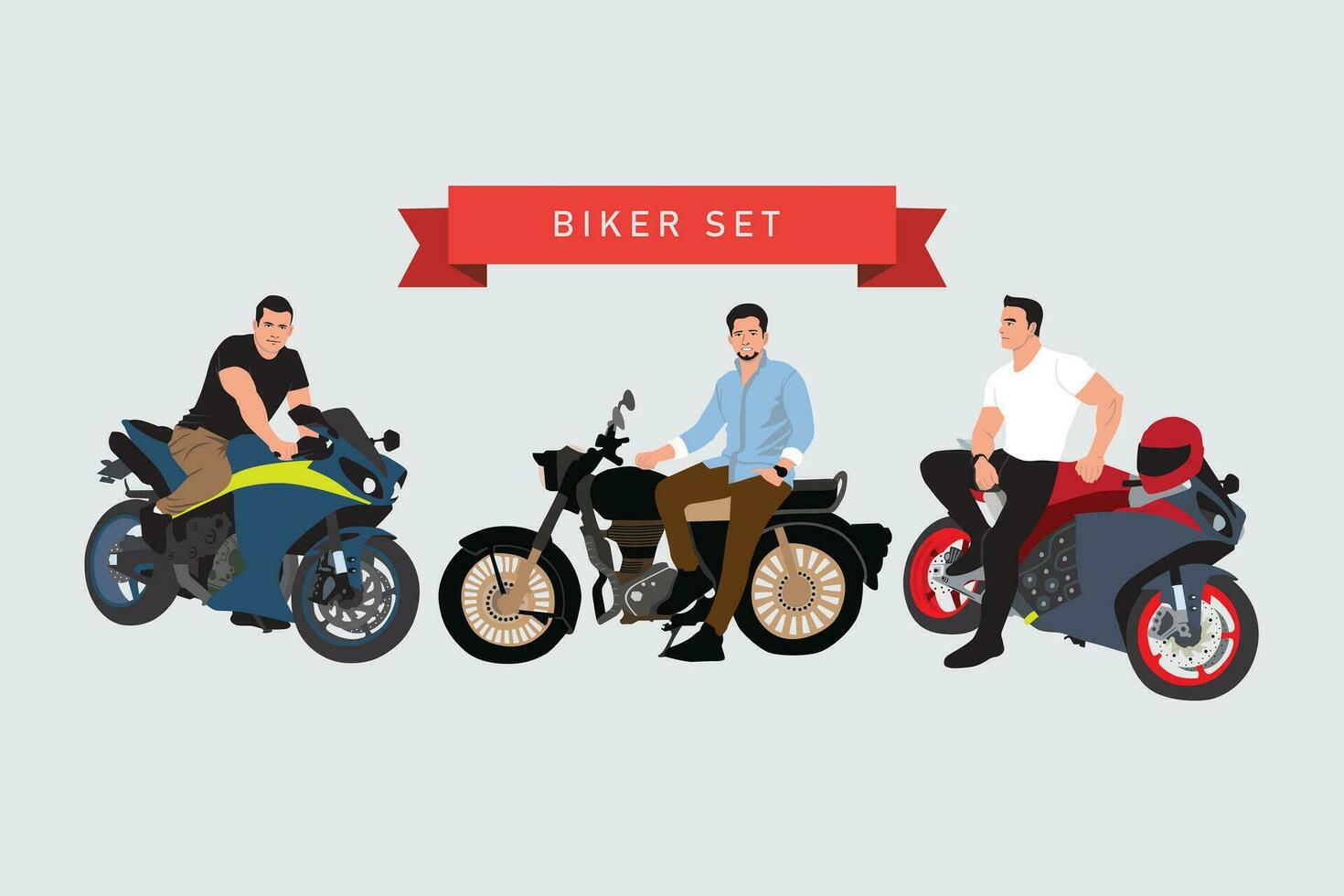 Bikers on motorcycles. Vector illustration in flat style. Motorcyclists on motorbike.