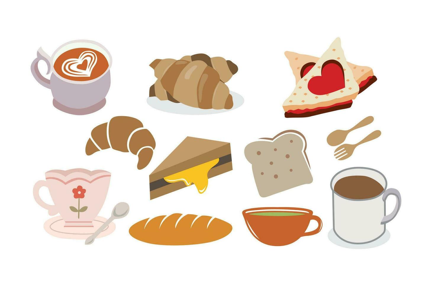 desayuno colocar. vector ilustración en plano estilo. café, té, cuerno, pastel, taza de café.