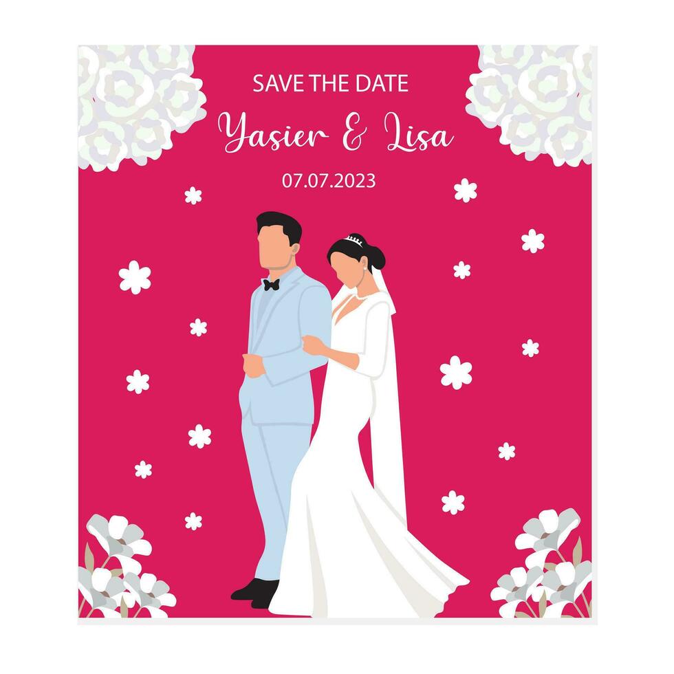 Wedding invitation card with bride and groom. Vector illustration.