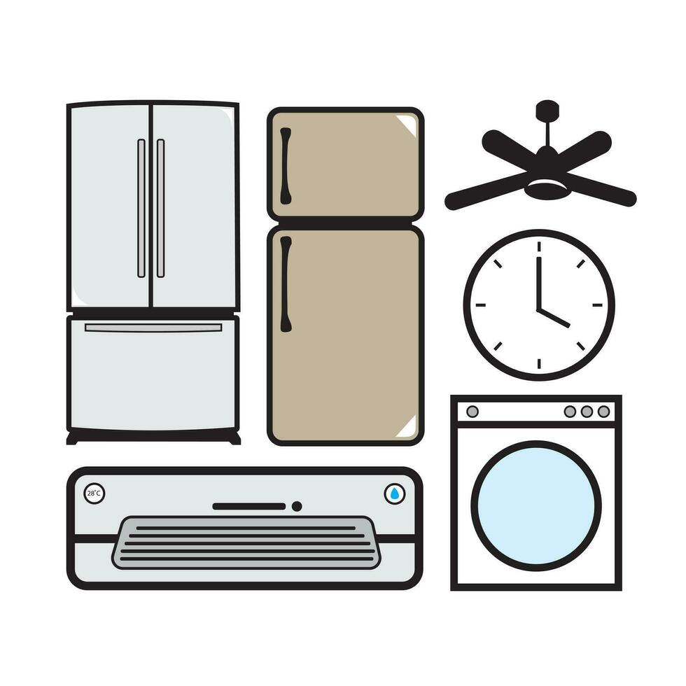 Household appliances. Refrigerator, fridge, washing machine, alarm clock. Vector illustration