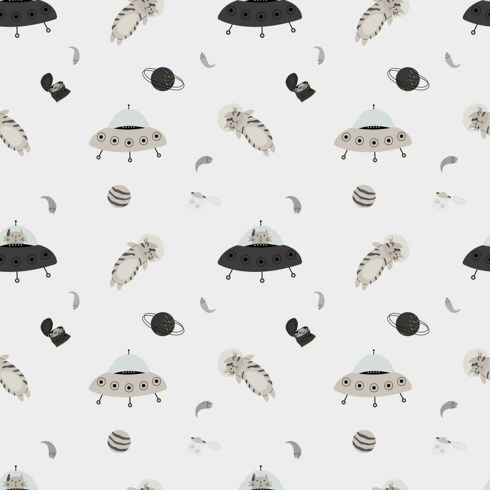 Seamless pattern with various astronaut cats in helmets, spacesuits playing among the stars in space. Vector illustration
