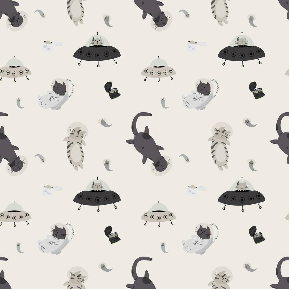 Seamless pattern with various astronaut cats in helmets, spacesuits playing among the stars in space. Vector illustration